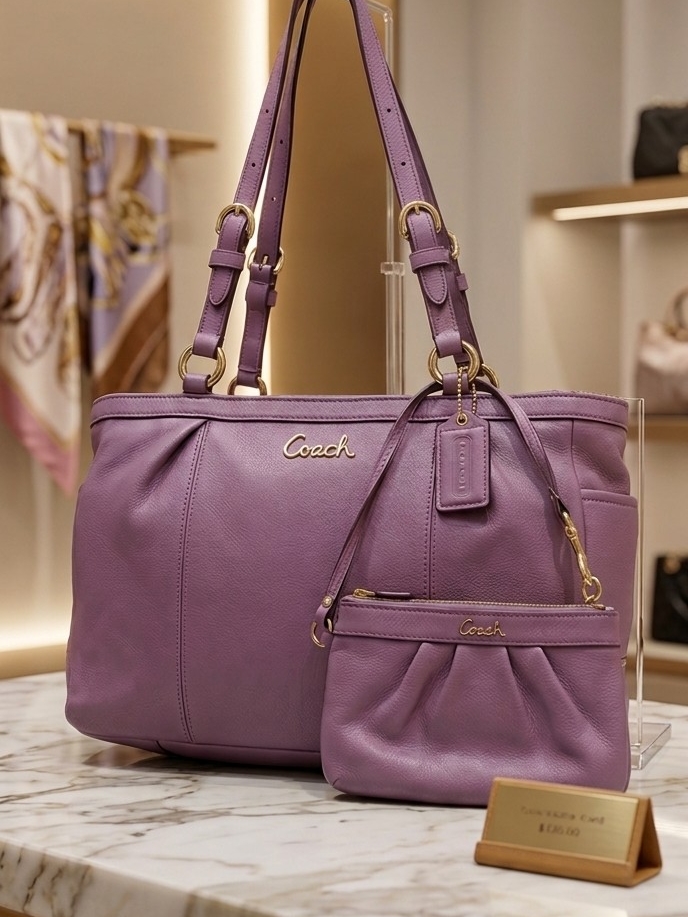 Coach Ashley Mauve Leather Shoulder Bag And Ponch Wristlet.